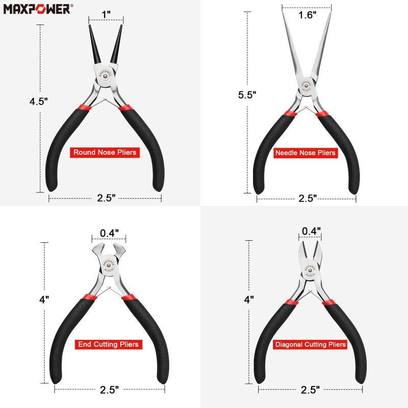 MAXPOWER Mini Jewelry Pliers Set - 8pc, Diagonal, End Cut, Bent, Combination, Flat, Needle, Round Nose (4.5-inch) - Image 2